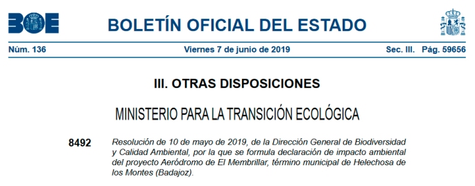 Declaración de Impacto Ambiental favorable de un aeródromo en Extremadura