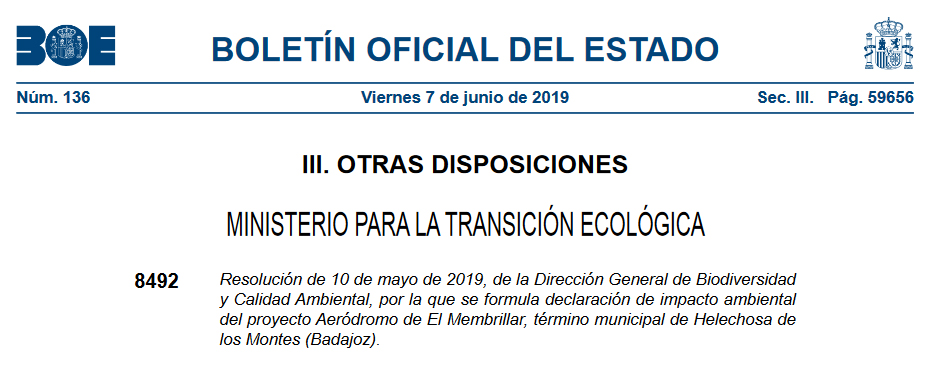 Declaración de Impacto Ambiental favorable de un aeródromo en Extremadura